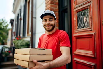 Young delivery person smiling while holding pizza boxes in front of a vibrant house with flowers