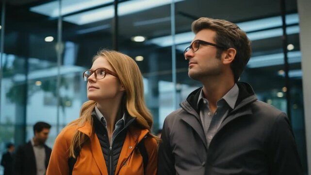 A couple wearing glasses admires stunning architectural designs while standing in a contemporary city. The atmosphere is vibrant with people in the background enjoying the day