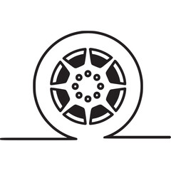 A minimalist line art illustration of a flat tire, isolated on white background, depicting a car wheel with a puncture, symbolizing vehicle breakdown and the need for repair