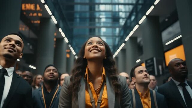 A diverse group of attendees shows enthusiasm and optimism during a business conference held in a contemporary venue. Participants look up with smiles, immersed in the experience