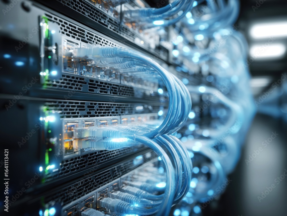 Poster data center with illuminated network cables connecting servers at night