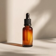 Fototapeta premium Amber Dropper Bottle with Black Top on White Table, Minimal Lighting, Clean Skincare Mockup