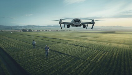 A drone hovers over a green field as two people walk through the rows, with mountains visible in the distance under a hazy sky.