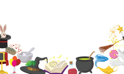 Magic show accessories and props forming a border on a white background with copy space