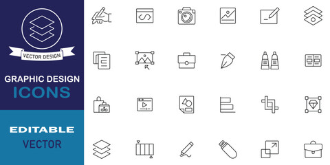Graphic design icon set. Graphic design 24 icons related to software, creativity, tools, art, creativity, designer, creative package, drawing, portfolio and more. Set of flat style line icons.