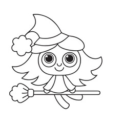 Adorable Cartoon Witch Flying On A Broomstick With A Pointed Hat cute