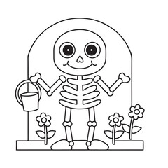 Cartoon skeleton with a bucket and flowers in a tombstone setting halloween character