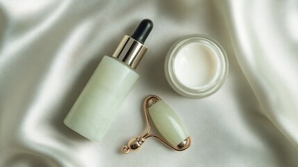 Luxury skincare products flat lay on silk background for beauty and wellness routine and self care concept