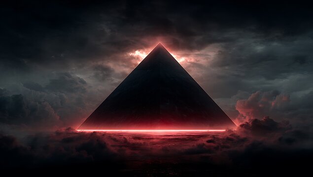 Mysterious glowing pyramid emerging from dark clouds.