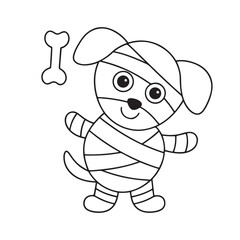Outline of a Mummy Dog Holding a Bone on a White Background puppy halloween