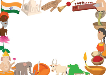 Obraz premium Colorful frame showcasing various aspects of indian culture, including iconic landmarks, religious figures, musical instruments, and traditional elements