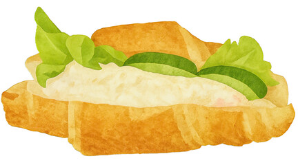 Watercolor Croissant Sandwich with Lettuce and Cucumber