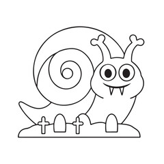 Whimsical cartoon snail with fangs and spooky graveyard elements halloween character
