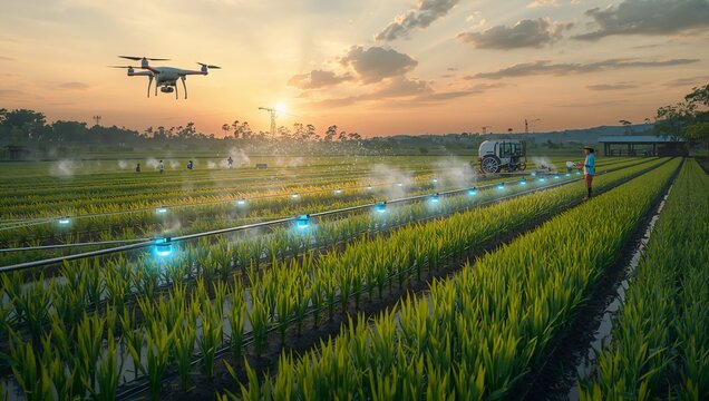 A drone flies over a smart farm with automated irrigation systems at sunset, showcasing modern agricultural technology.