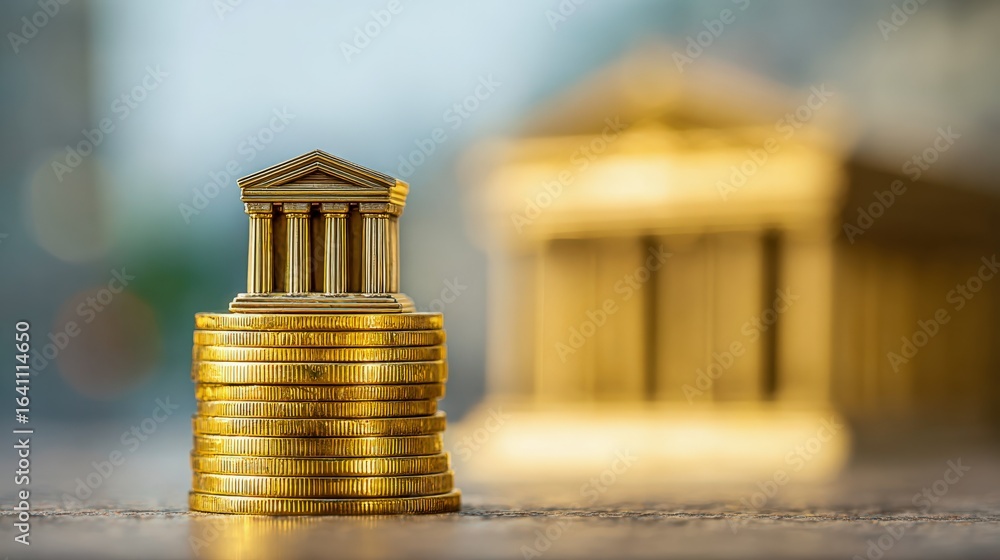 Poster banking concept: miniature bank building on a stack of coins with another bank building in the backg