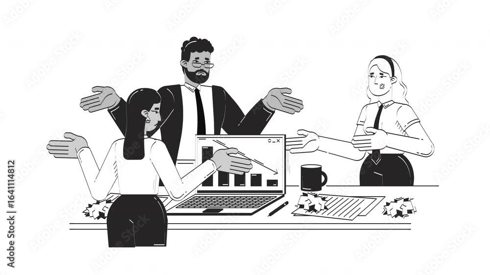 Poster frustrated business team facing declining performance doodle linear animation. data problem. fall gr