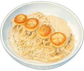 Watercolor Cream Pasta with Grilled Scallops – Italian Seafood Dish Illustration