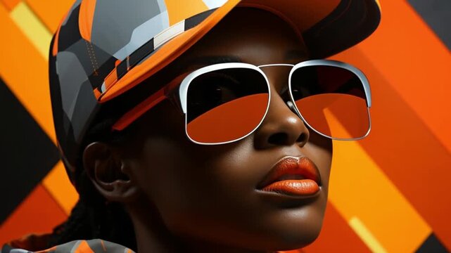 A model poses confidently against a vivid backdrop, wearing striking orange and gray attire. Her stylish sunglasses enhance the boldness of her look, embodying modern urban fashion