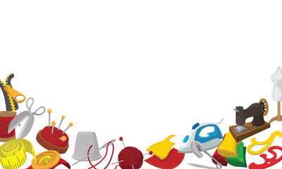 Sewing tools and accessories forming a colorful border on a white background, ideal for tailoring and fashion design projects