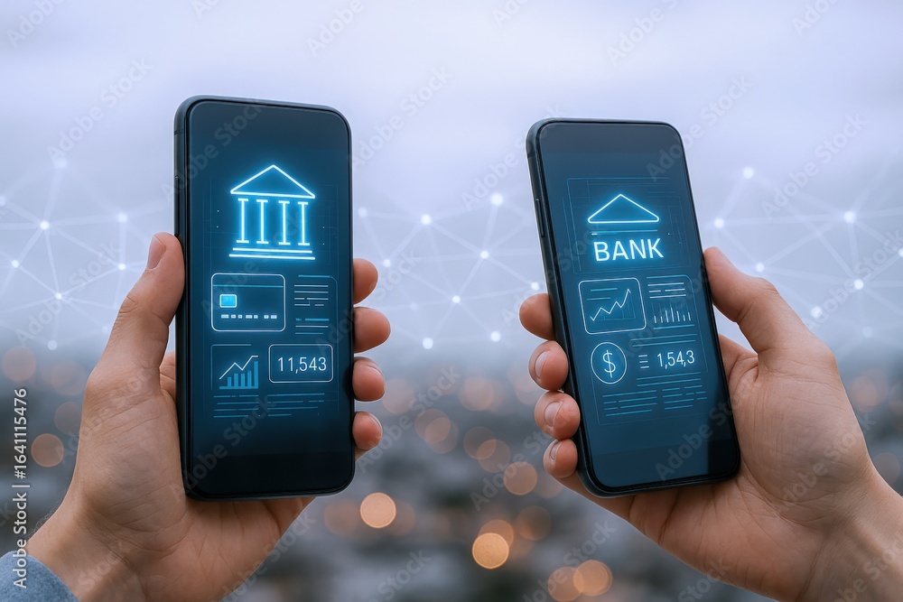 Poster digital banking interface: two smartphones displaying online banking apps for financial transactions
