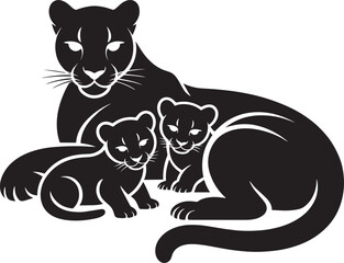Silhouette of a Mother Mountain Lion with Two Cubs Against a Transparent Background Vector