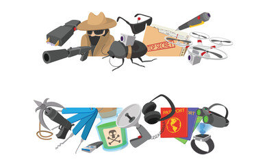 Spy hiding behind white background and using different surveillance equipment and top secret documents