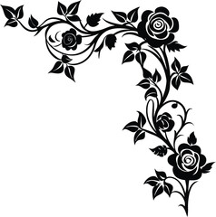 Vector art of elegant black rose floral vine decoration with swirling leaves and petals, isolated on white background for vintage design elements and romantic motifs
