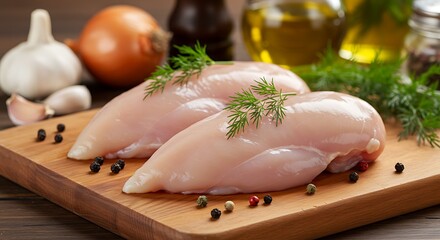 Raw Chicken Breasts on Wooden Board with Fresh Herbs and Spices