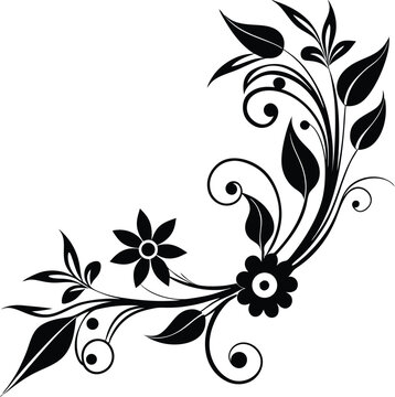 Vector art of simple black floral swirl decoration with small flowers and leaves, isolated on white background for elegant design elements and vintage motifs