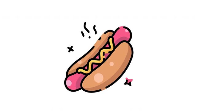 Looping animated icon of a hotdog with a pink sausage, tan bun, and yellow mustard. Designed with a cheerful, appetizing look and smooth motion, it features an alpha channel for transparent background