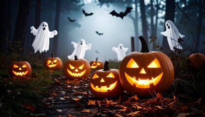 Lit jack-o'-lanterns line a path through a foggy forest with ghosts and bats