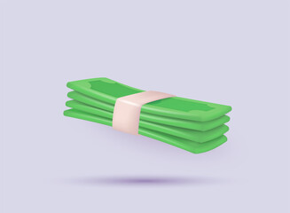 Stack of green banknotes tied with paper band representing cash and finances. 3D Web Vector Illustrations.