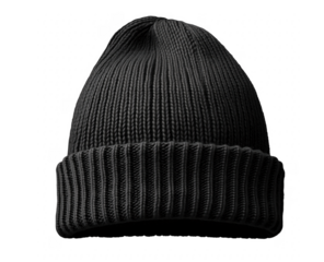 Monochrome studio shot of a classic dark grey knitted winter beanie isolated on transparent background