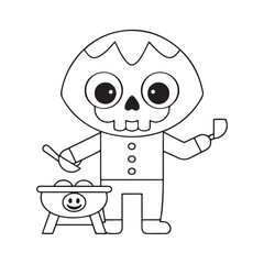 Cartoon skeleton cooking at a barbecue grill with utensils character halloween