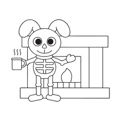 Cartoon skeleton rabbit holding a mug by a fireplace with a fire character bunny
