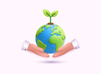 Hands holding green earth with sprout representing eco-friendly planet protection. 3D Web Vector Illustrations.