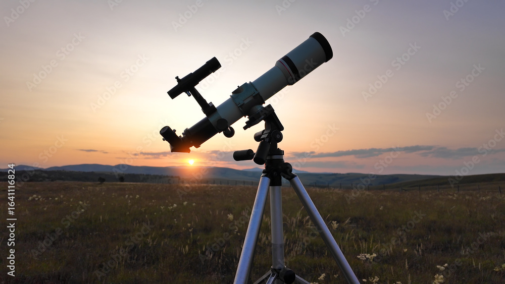 Wall mural preparing for night sky observing with a astronomical telescope just before sunset in the countrysid