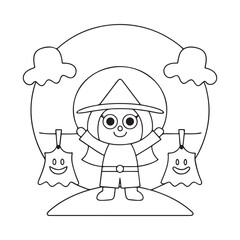 Cute cartoon witch character with ghost decorations on white background halloween
