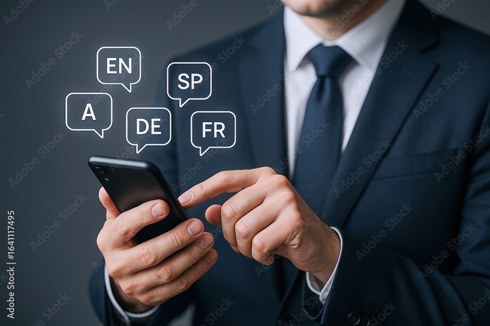 Fototapete man using mobile translation app with language options for global communication and business