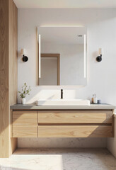 A bright and modern bathroom featuring a light wood vanity, a stylish vessel sink, and an elegant LED backlit mirror for a clean and sophisticated design.
