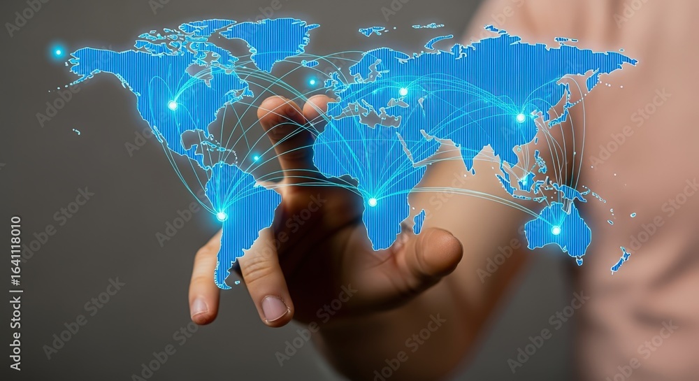 Poster global network visualization: hand pointing at world map with connection lines representing internat