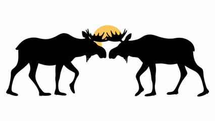 Two moose silhouettes facing each other with antlers touching under a yellow sun on white background