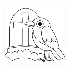 Cartoon bird standing next to a tombstone with a cross on a white background animal black and white