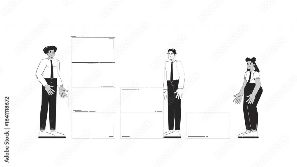 Poster Data analytics team building dataset doodle outline animation. Data visualization. Analysts stacking blocks into bar graph animated sketch 2D concept isolated on white. 4K video motion graphic
