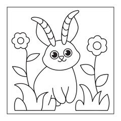 Cute cartoon bunny with long ears and horns sitting in grass with flowers on a white background