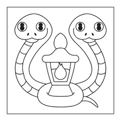 Two headed snake with a lantern in black and white outline drawing serpent reptile