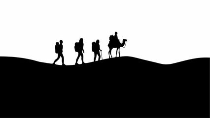Fototapeta premium Silhouetted figures trekking across a desert landscape with a camel leading the way in black and white