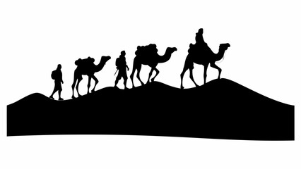 Silhouette of a desert caravan with camels and people walking across sand dunes in black and white style