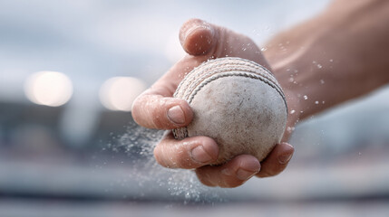 Close-up of male hand holding cricket ball on field