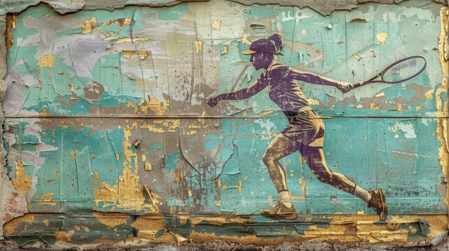 Vintage tennis graffiti: female player silhouette on weathered wall. World Tennis Day